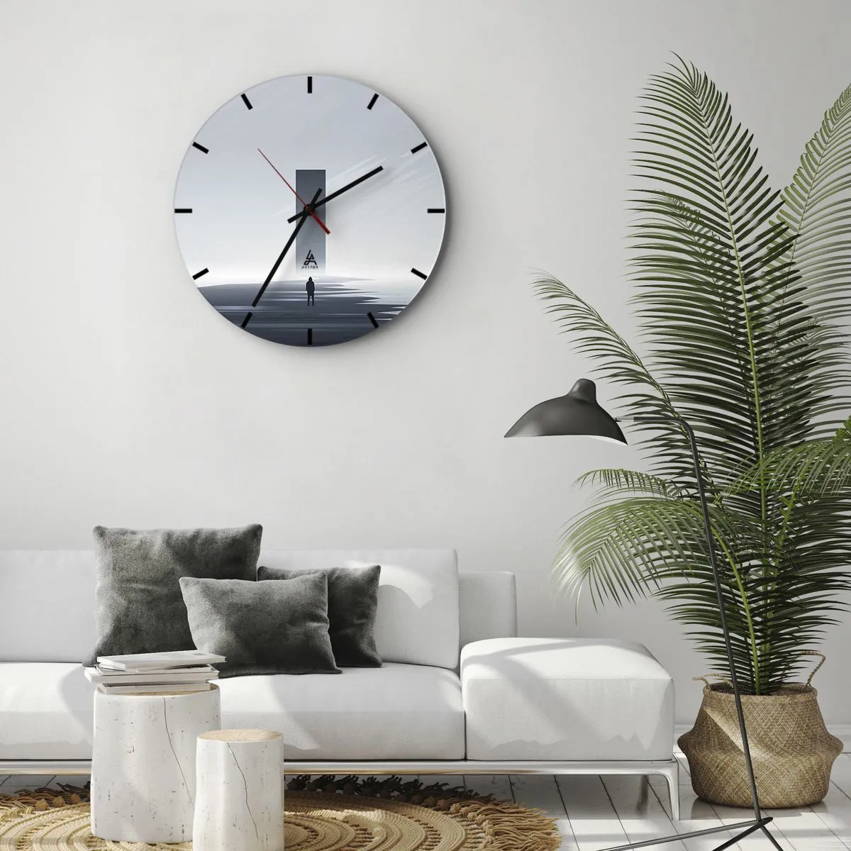 Vægur, Uret - Et minimalistisk landskab med en figur og geometrisk form - 30x30cm - Mulighed eller trussel? - Moderne vægdekoration til stue, køkken og soveværelse ARTTOR