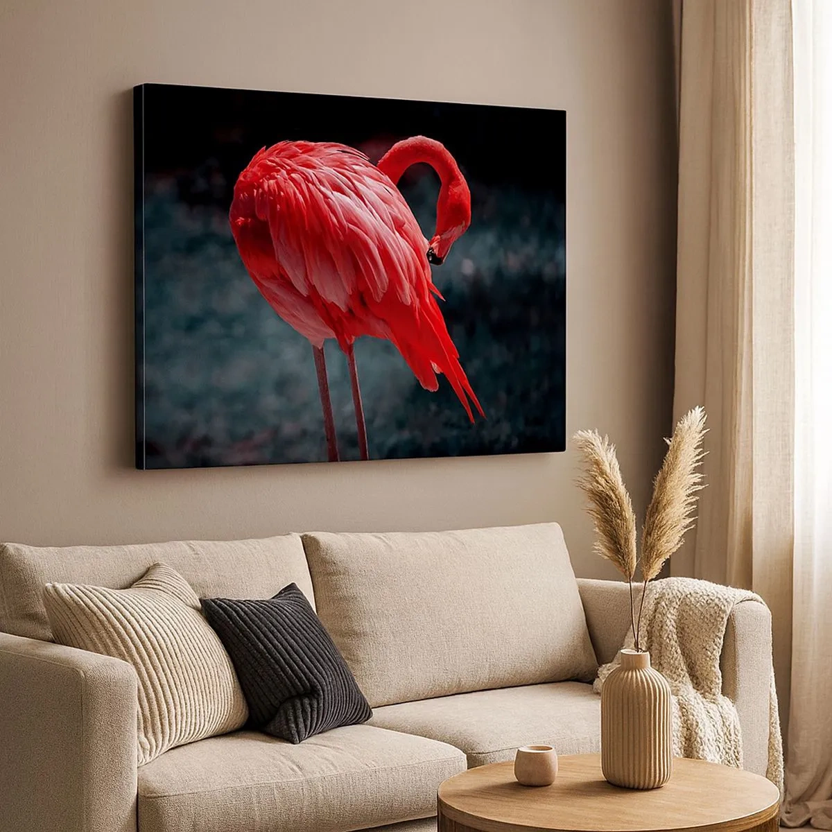 Lærredstryk - Billede på lærred - En lyserød flamingo på en mørkegrøn baggrund - 70x50cm - Et karmosinrødt naturdigt - Moderne vægdekoration til stue og soveværelse ARTTOR