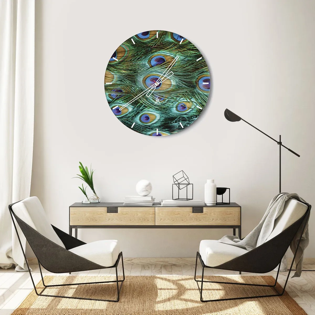 Vægur, Uret - Påfuglefjer i grønne og blå nuancer - 30x30cm - En påfugls blik - Moderne vægdekoration til stue, køkken og soveværelse ARTTOR