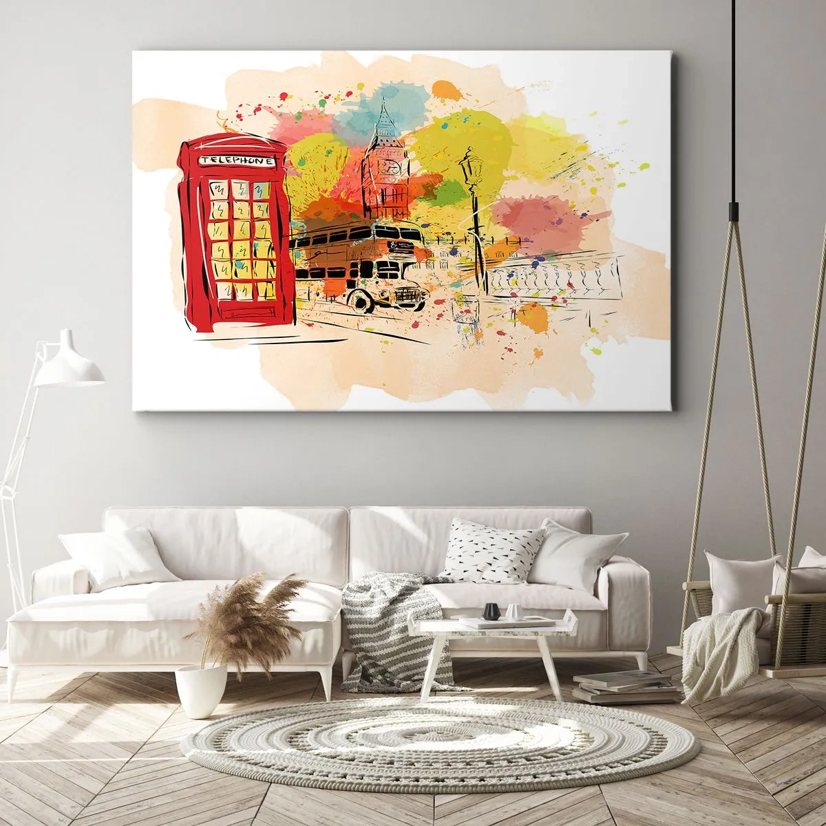 Lærredstryk - Billede på lærred - London-tema med rød bus og bod - 70x50cm - En by med variation - Moderne vægdekoration til stue og soveværelse ARTTOR