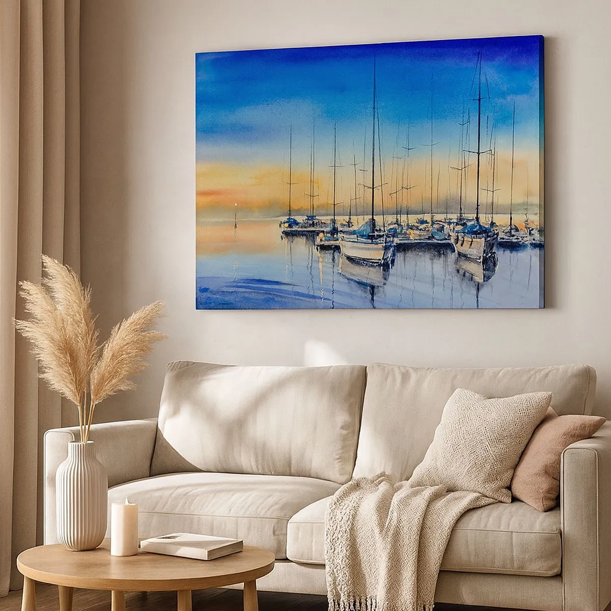 Lærredstryk - Billede på lærred - Yachthavn ved solnedgang med refleksioner på vandet - 70x50cm - Slutningen på en god dag - Moderne vægdekoration til stue og soveværelse ARTTOR
