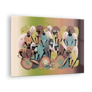 Billede på glas - En abstrakt illustration af figurer i nuancer af beige, grøn og lyserød. - 70x50cm - Den store fejring er på vej - Moderne vægdekoration til stue og soveværelse ARTTOR
