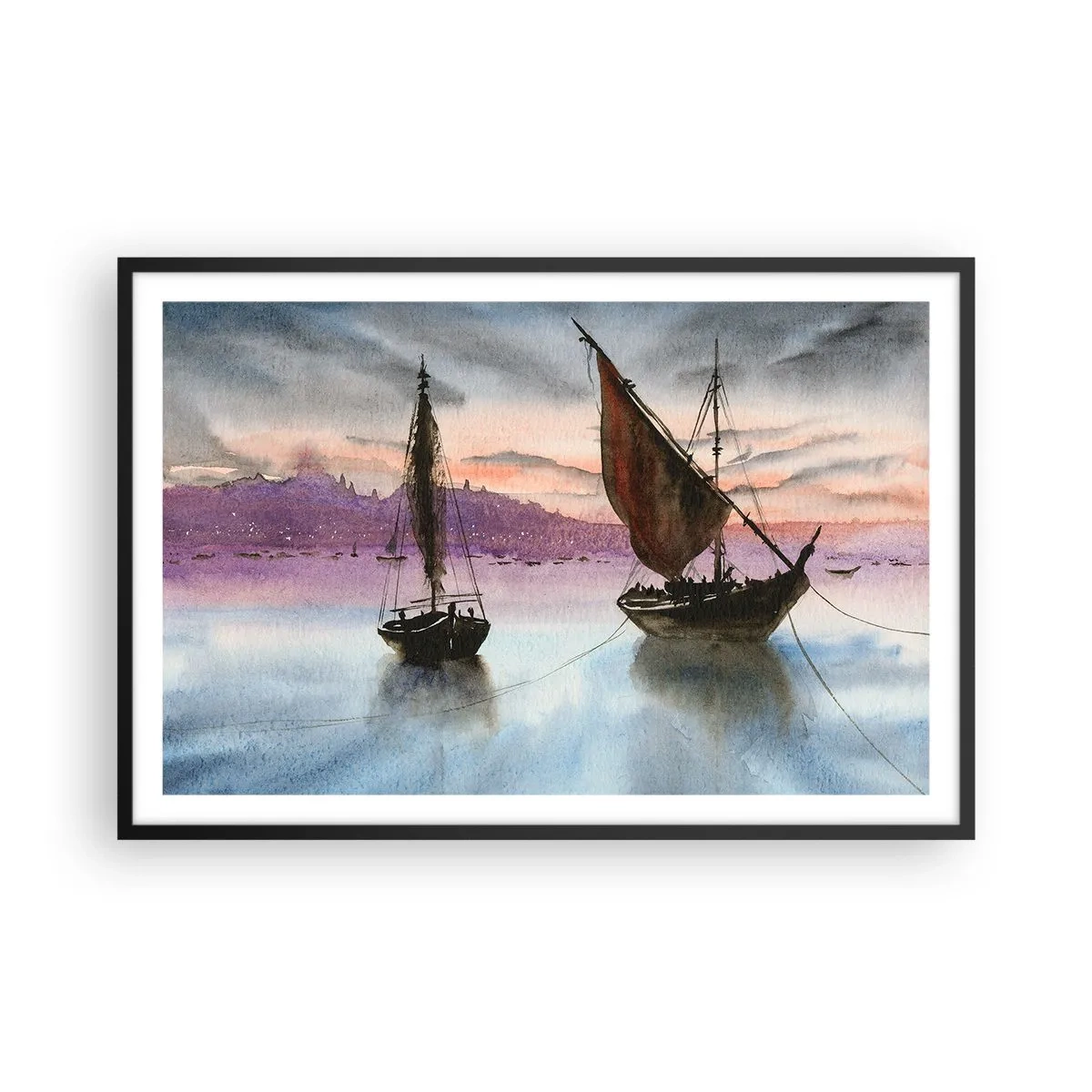 Plakat i sort ramme - Aften i havnen - 91x61 cm