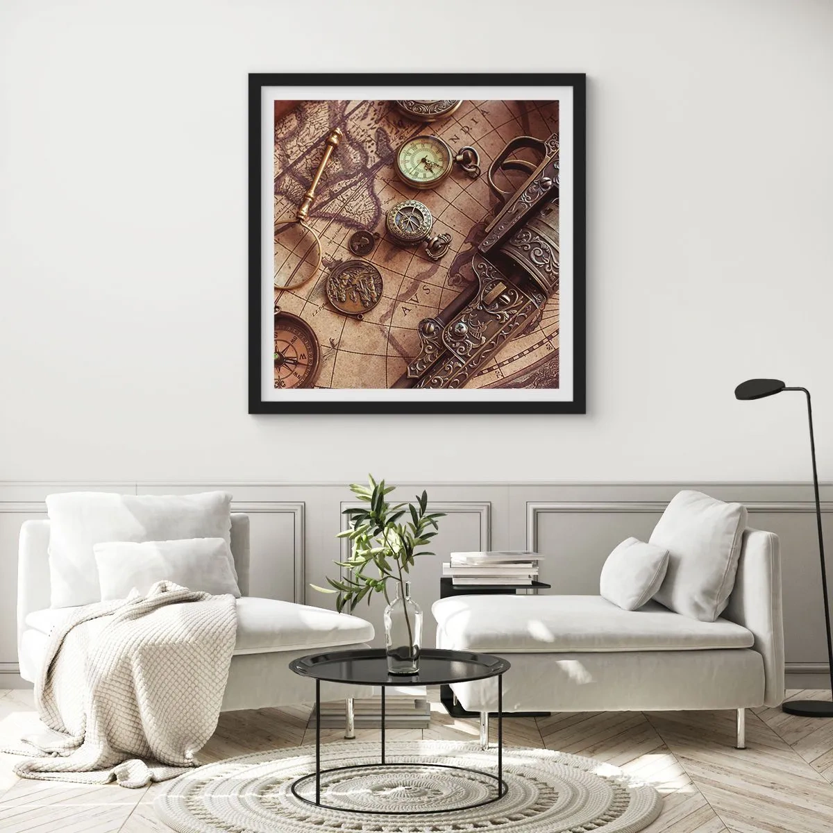 Plakat i sort ramme - Opkald til eventyr - 40x40 cm