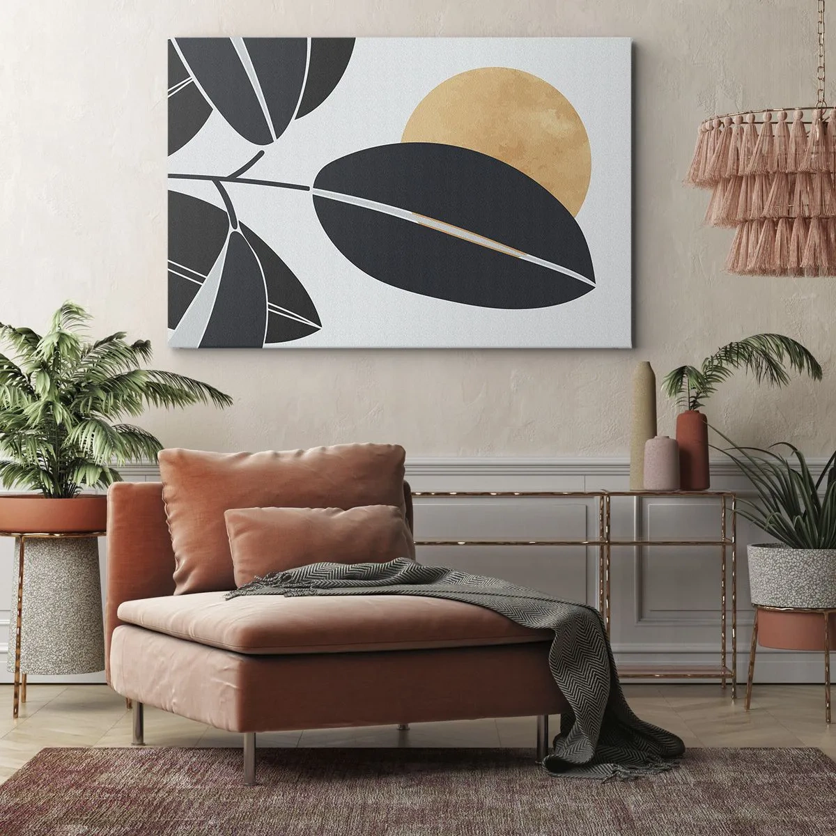 Lærredstryk - Billede på lærred - Et minimalistisk bladmotiv med en lysende sol i baggrunden. - 70x50cm - En dag med varm sommer - Moderne vægdekoration til stue og soveværelse ARTTOR