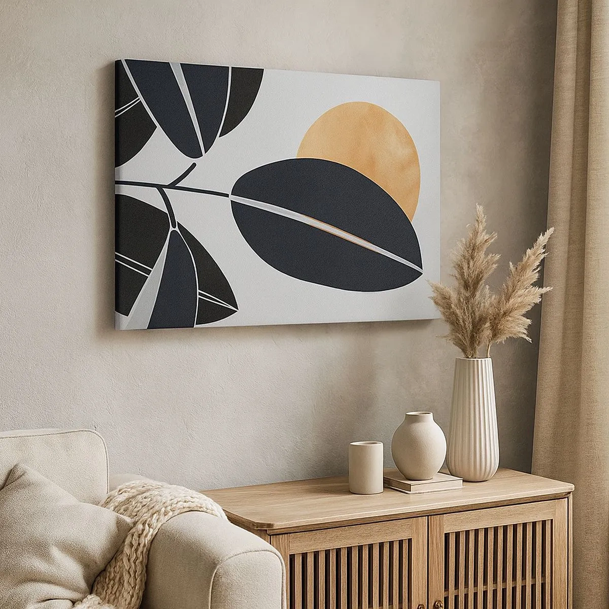 Lærredstryk - Billede på lærred - Et minimalistisk bladmotiv med en lysende sol i baggrunden. - 70x50cm - En dag med varm sommer - Moderne vægdekoration til stue og soveværelse ARTTOR