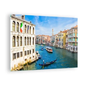 Billede på glas - En kanal i Venedig med gondoler og både på vandet - 70x50cm - Den eneste trafik i verden - Moderne vægdekoration til stue og soveværelse ARTTOR