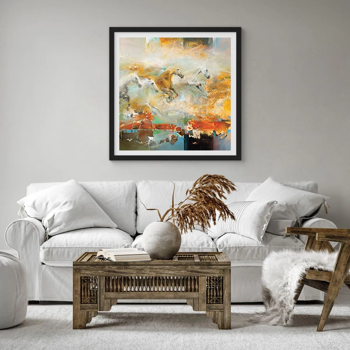 Plakat i sort ramme - Galopperer gennem lyset - 50x50 cm