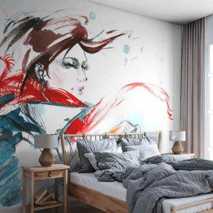 Fototapet Premium Canvas - Noget spiller inden i mig - Kvinde, Telefon, Mode - 350x256 cm