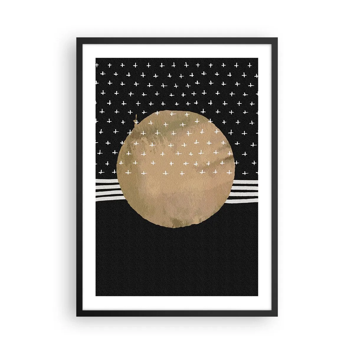 Plakat i sort ramme - Abstrakt gylden kugle på en sort baggrund med mønstre - 50x70cm - Komposition: galaksens flag - Moderne vægdekoration til stue og soveværelse ARTTOR