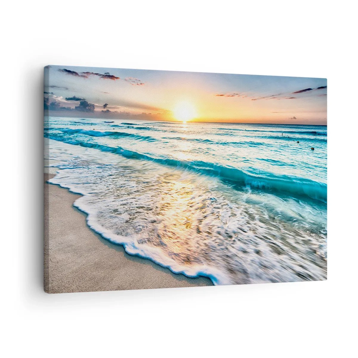 Lærredstryk - Billede på lærred - Solopgang over en stille strand med bølger - 70x50cm - Et synspunkt, der er værd at have - Moderne vægdekoration til stue og soveværelse ARTTOR