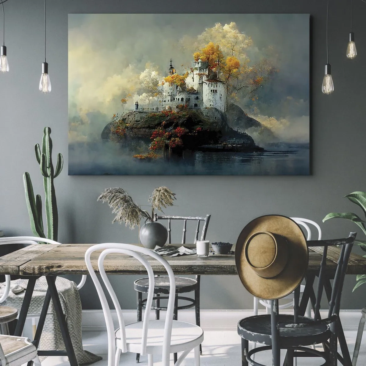 Lærredstryk - Billede på lærred - Et slot på en bakke omgivet af efterårstræer - 70x50cm - Begyndelsen på en romantisk historie - Moderne vægdekoration til stue og soveværelse ARTTOR