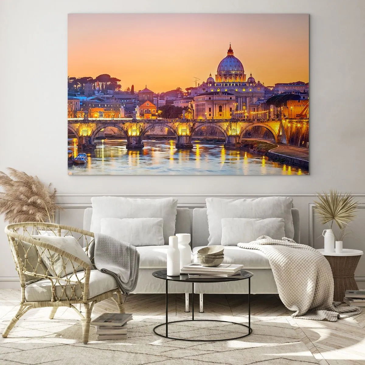 Billede på glas - Bro og basilika i Rom ved solnedgang - 70x50cm - Tusmørke over den evige by - Moderne vægdekoration til stue og soveværelse ARTTOR
