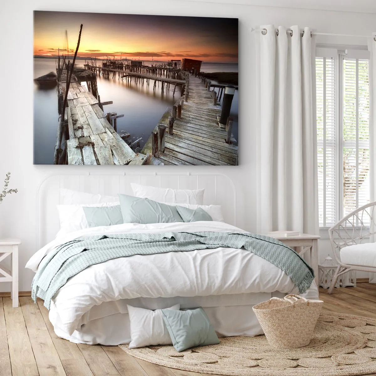 Lærredstryk - Billede på lærred - Træbroer på roligt vand ved solnedgang - 70x50cm - Autentisk, ikke en turistattrapp - Moderne vægdekoration til stue og soveværelse ARTTOR