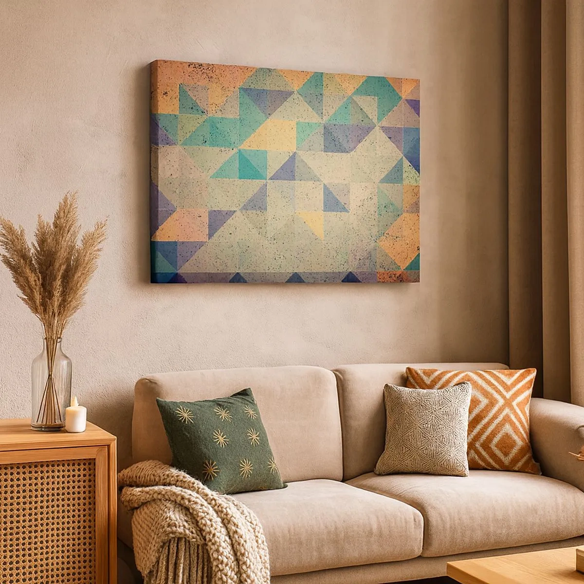 Lærredstryk - Billede på lærred - En farverig komposition af geometriske trekanter i pastelfarver. - 70x50cm - Republikken trekanter - Moderne vægdekoration til stue og soveværelse ARTTOR