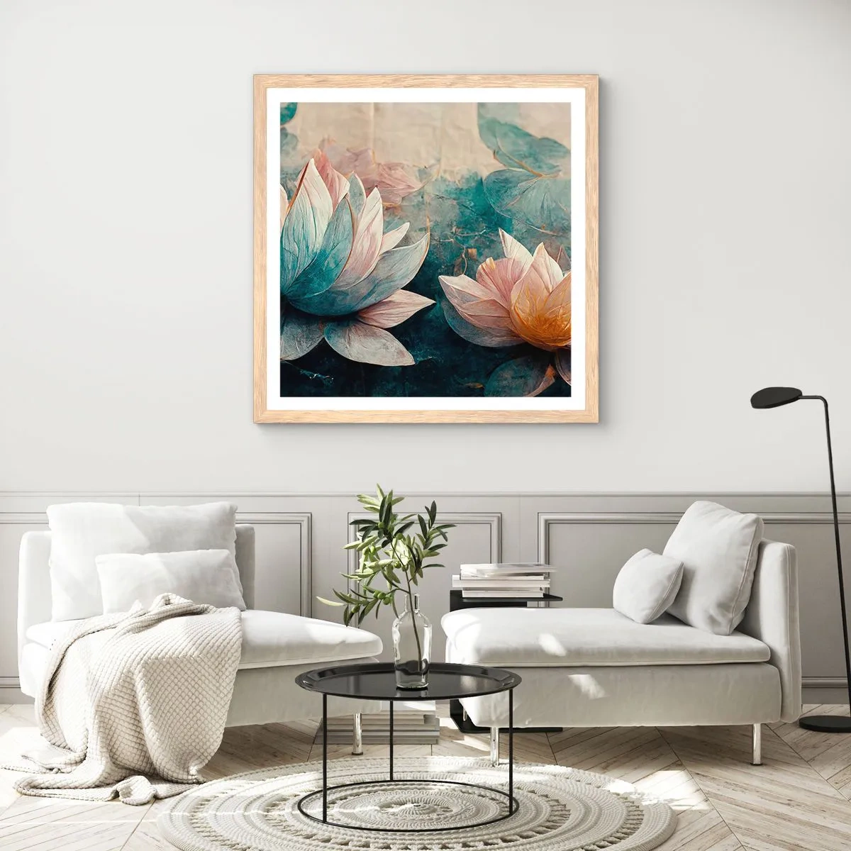 Plakat i ramme af lyst egetræ - Søens stjerner - 60x60 cm