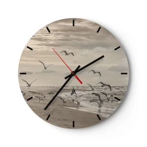 Vægur, Uret - Måger svæver over kysten om morgenen - 30x30cm - Havet brummer, fuglene synger - Moderne vægdekoration til stue, køkken og soveværelse ARTTOR
