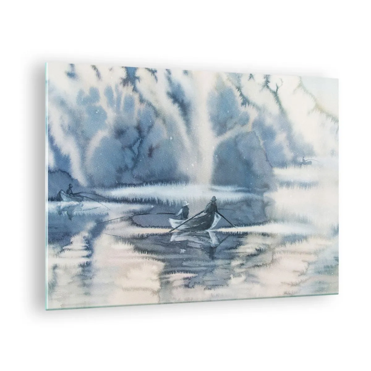 Billede på glas - To fiskere på en båd omgivet af et tåget landskab - 70x50cm - Lystfiskere i deres paradis - Moderne vægdekoration til stue og soveværelse ARTTOR
