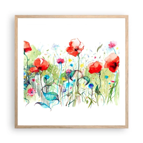 Plakat i ramme af lyst egetræ - En blomstrende eng i maj - 60x60 cm