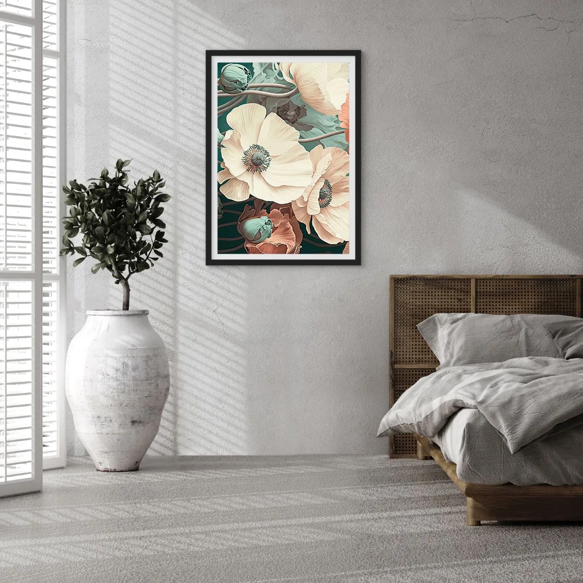 Plakat i sort ramme - Delikate blomster i pastelfarver på en mørk baggrund - 50x70cm - Valmuernes hvisken - Moderne vægdekoration til stue og soveværelse ARTTOR