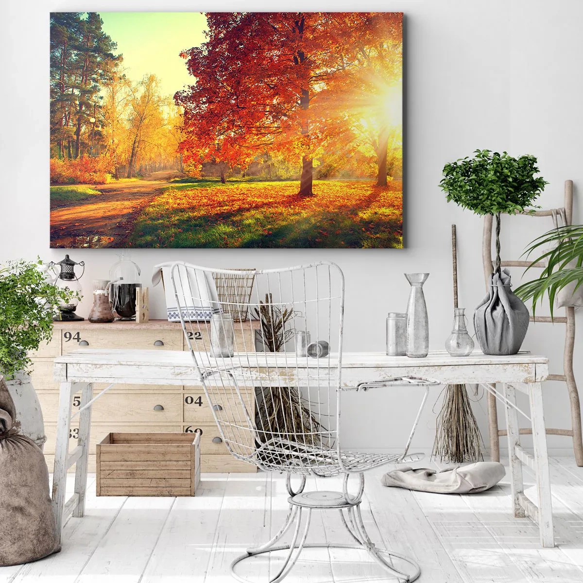 Lærredstryk - Billede på lærred - Efterårspark oplyst af sollys - 70x50cm - Rød er smuk - Moderne vægdekoration til stue og soveværelse ARTTOR