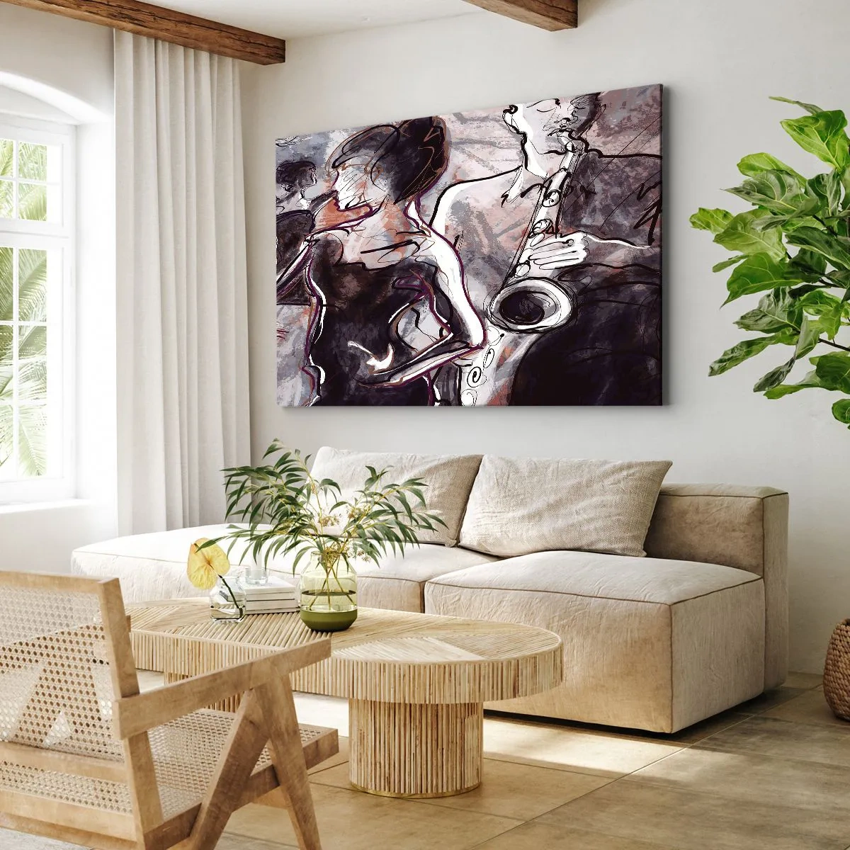 Lærredstryk - Billede på lærred - Abstrakt jazzscene med en saxofonist og en dansende kvinde. - 70x50cm - Opløses i musikken - Moderne vægdekoration til stue og soveværelse ARTTOR