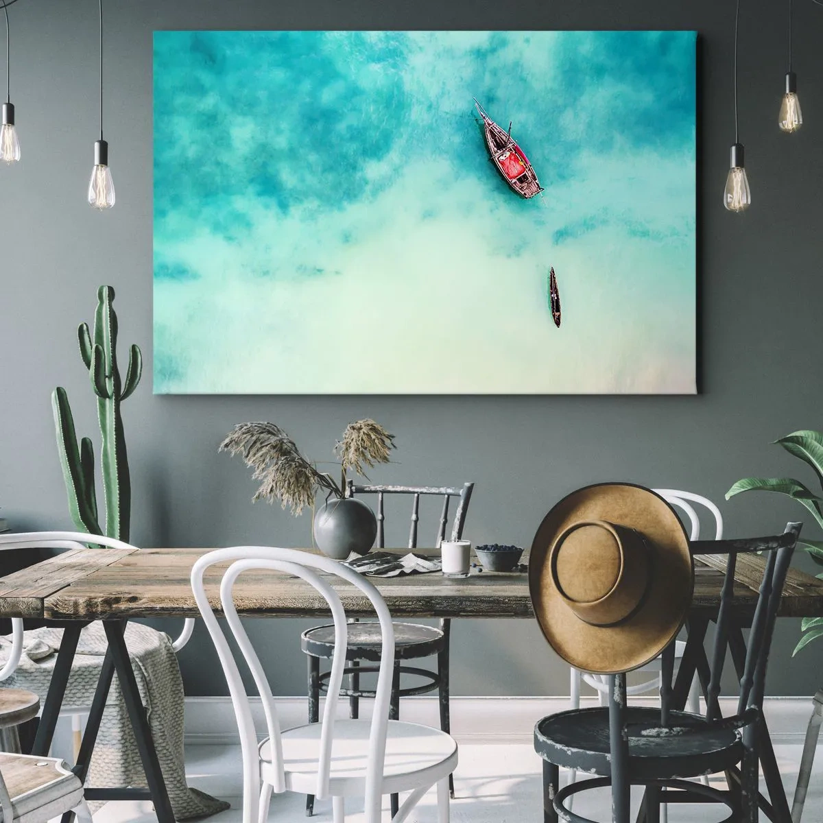 Lærredstryk - Billede på lærred - Både på turkisblåt vand set fra fugleperspektiv - 70x50cm - For på Zanzibars strande, når det overskydende vand... - Moderne vægdekoration til stue og soveværelse ARTTOR