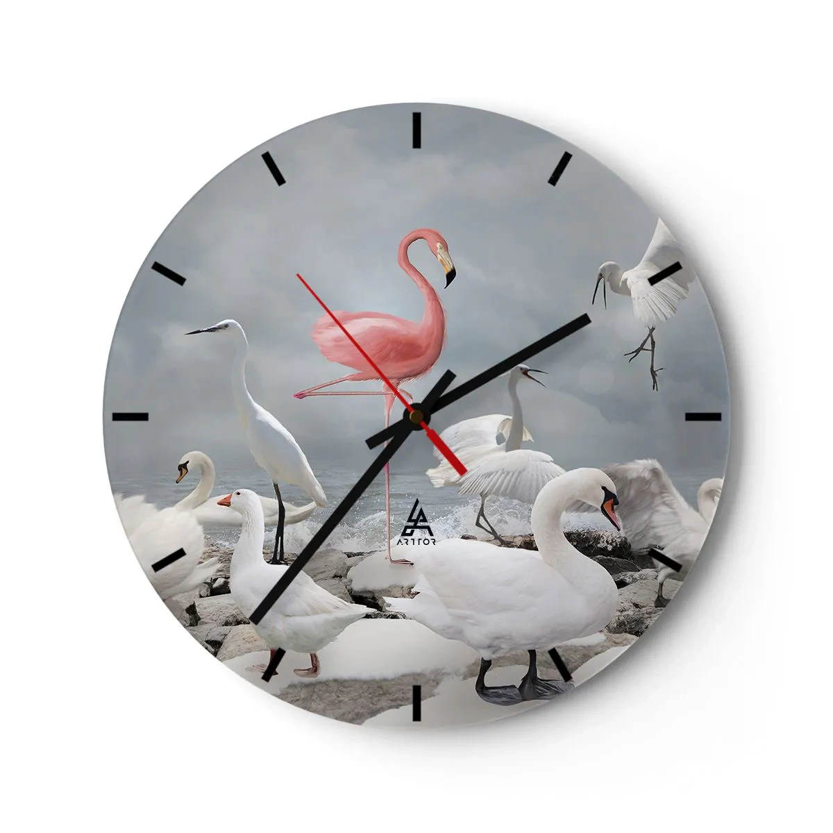 Vægur, Uret - En lyserød flamingo blandt hvide svaner og hejrer over vandet - 30x30cm - Hvor kommer jeg fra? - Moderne vægdekoration til stue, køkken og soveværelse ARTTOR