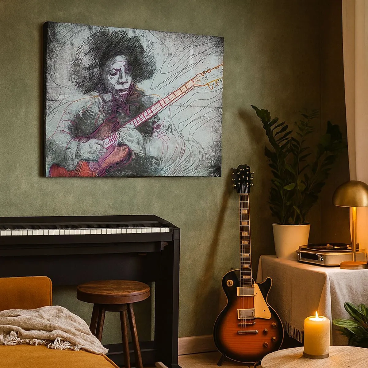 Lærredstryk - Billede på lærred - Kunstnerisk portræt af en guitarist i skitseteknik - 70x50cm - På musikkens bølger - Moderne vægdekoration til stue og soveværelse ARTTOR