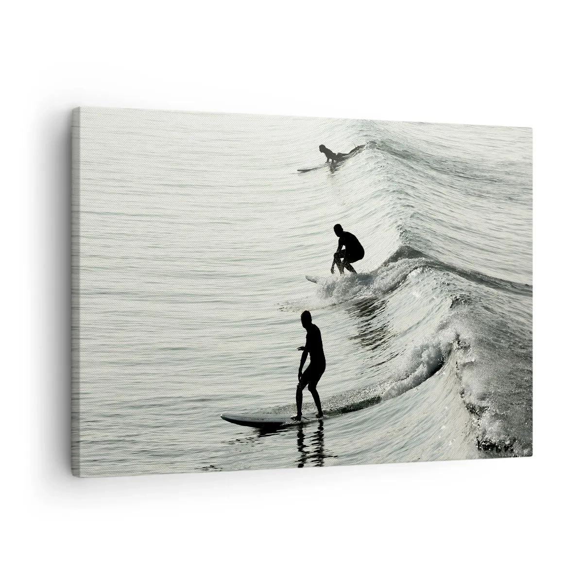 Lærredstryk - Billede på lærred - Surfere på bølgerne i et monokromt billede - 70x50cm - Mødet med bølgen - Moderne vægdekoration til stue og soveværelse ARTTOR