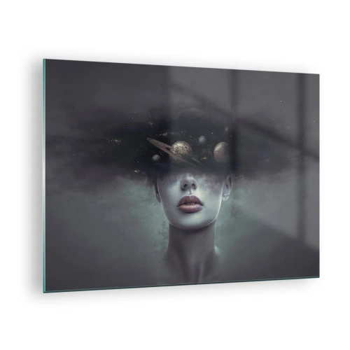 Billede på glas - En kvinde med planeter som hoved i en surrealistisk komposition - 70x50cm - Og planeterne er ved at gå amok... - Moderne vægdekoration til stue og soveværelse ARTTOR