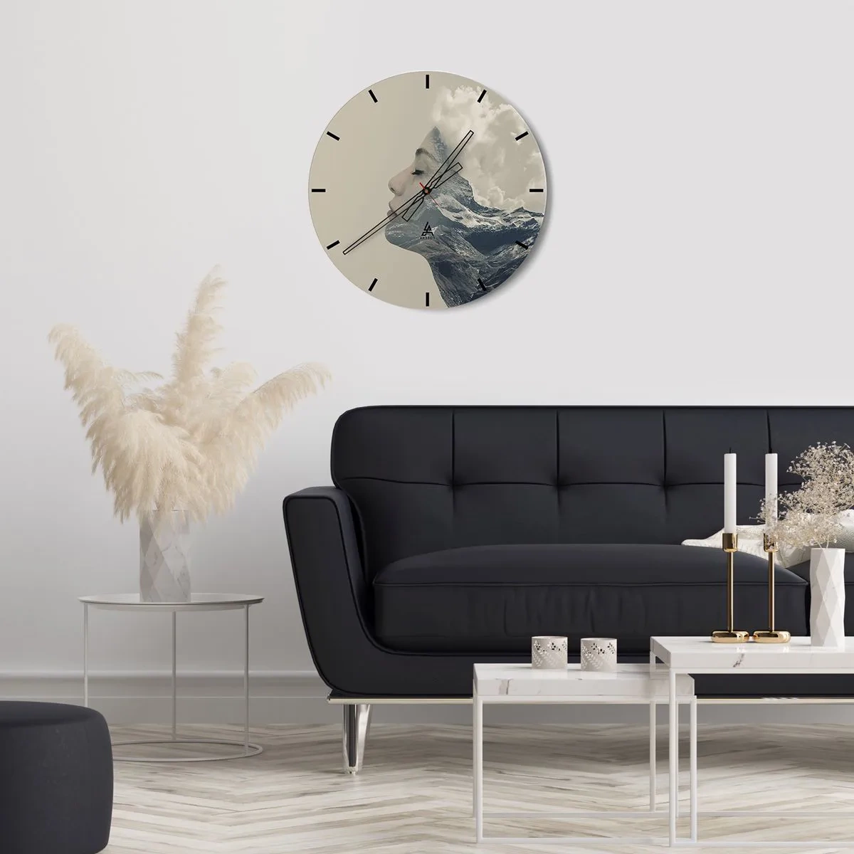 Vægur, Uret - En kvindes ansigt flettet sammen med et bjerglandskab - 30x30cm - Skønheden ved elementerne - Moderne vægdekoration til stue, køkken og soveværelse ARTTOR