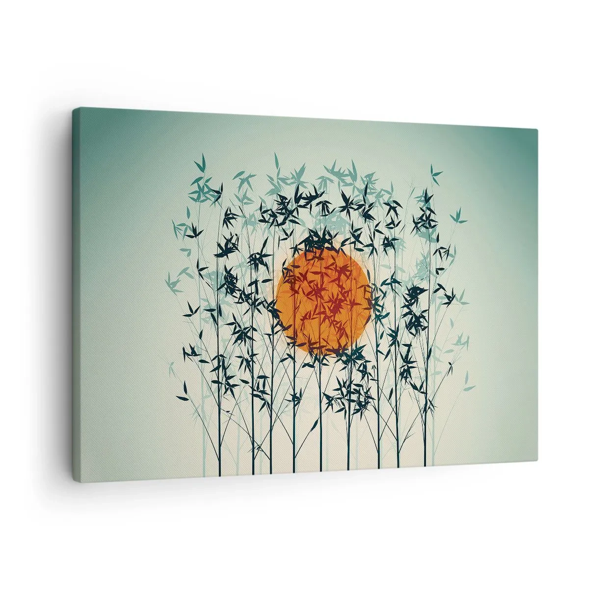 Lærredstryk - Billede på lærred - Orange sol blandt bambusgrene - 70x50cm - Japansk sol - Moderne vægdekoration til stue og soveværelse ARTTOR