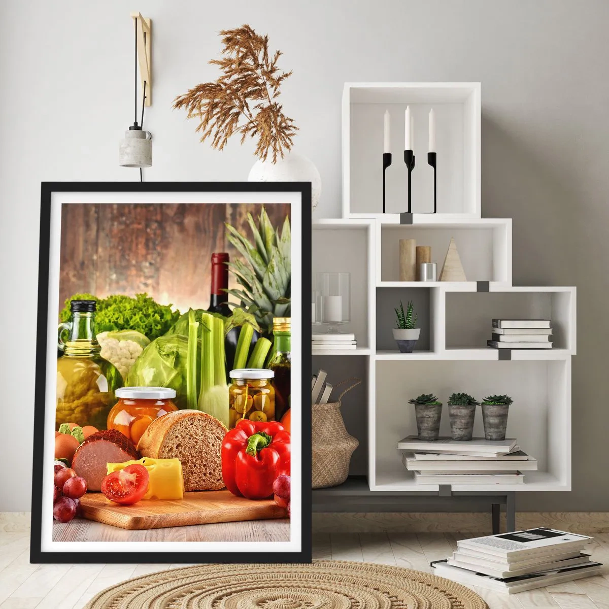Plakat i sort ramme - Farverige grøntsager og fødevarer på en træbaggrund - 50x70cm - Røget, ristet, marineret - Moderne vægdekoration til stue og soveværelse ARTTOR