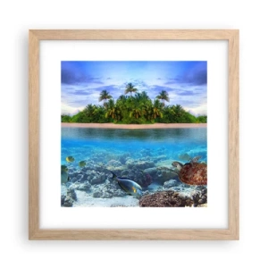 Plakat i ramme af lyst egetræ - Den himmelske ø inviterer dig - 30x30 cm