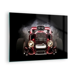 Billede på glas - Rød hot rod i tyk røg - 70x50cm - Hurtigt og rasende smukt - Moderne vægdekoration til stue og soveværelse ARTTOR