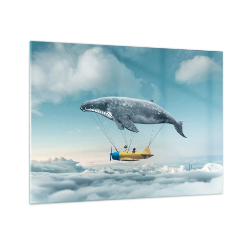 Billede på glas - En hval løfter et fly over skyerne i surrealistiske omgivelser. - 70x50cm - Hvorfor ikke? - Moderne vægdekoration til stue og soveværelse ARTTOR