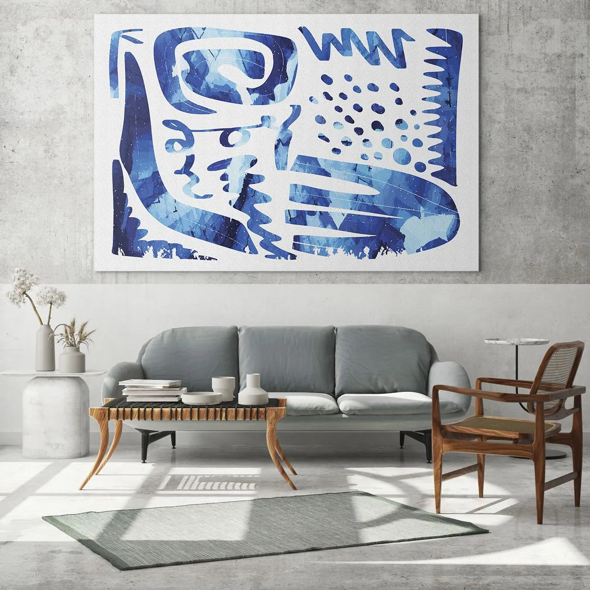 Billede på glas - Dynamisk blå abstraktion med geometriske former - 70x50cm - Tilbage til rødderne - Moderne vægdekoration til stue og soveværelse ARTTOR