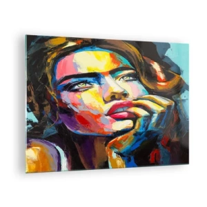 Billede på glas - Portræt af en kvinde i intense abstrakte farver - 70x50cm - Drømme som fugle svæver gennem himlen - Moderne vægdekoration til stue og soveværelse ARTTOR