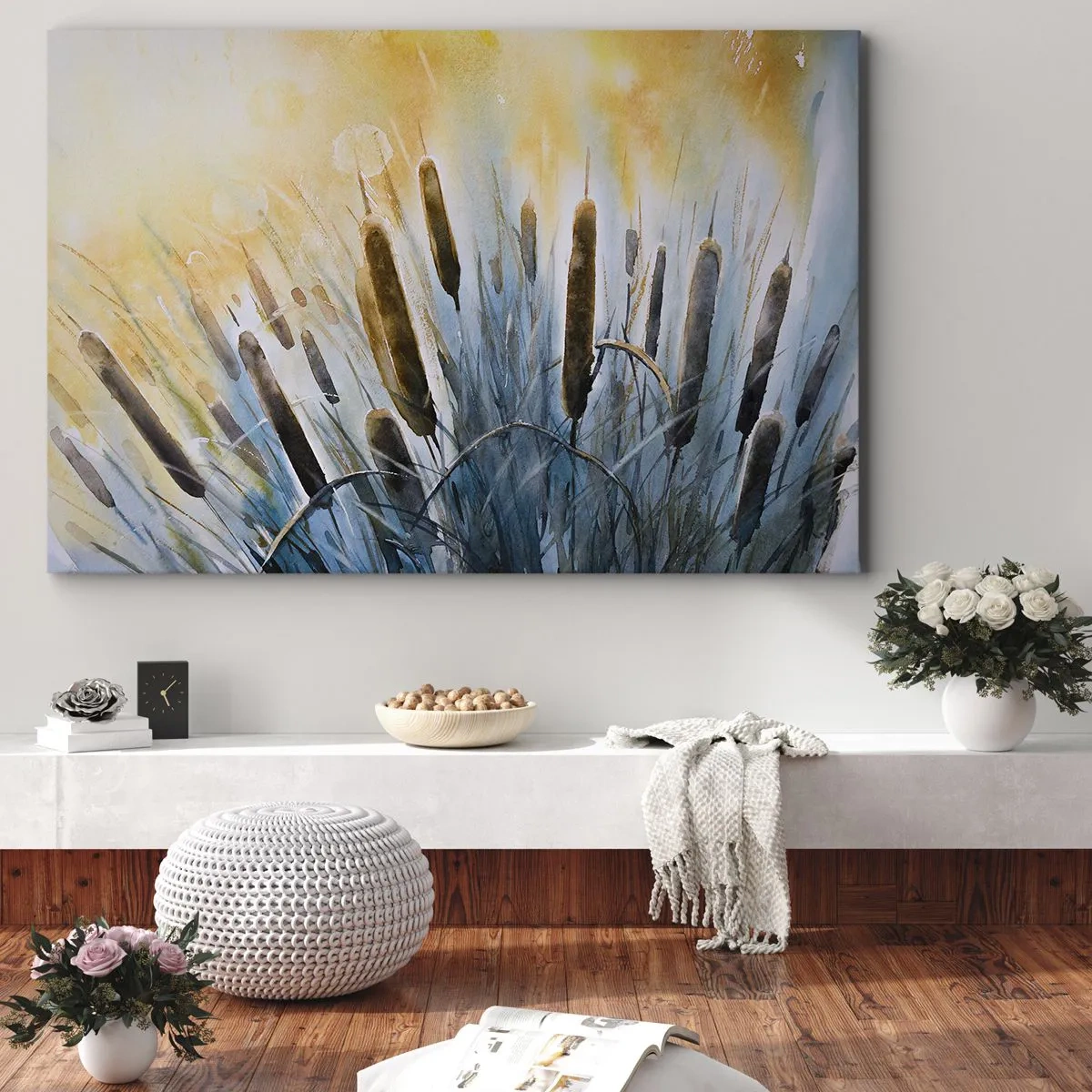 Lærredstryk - Billede på lærred - Maleriske siv i solens stråler - 70x50cm - Vandets kulde, solens varme - Moderne vægdekoration til stue og soveværelse ARTTOR