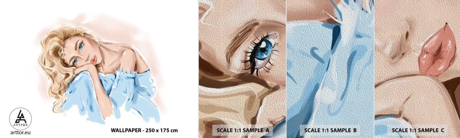 Prøve Fototapet Premium Sand - Drømmende i blåt - Kvinde, Mode, Grafik - 100x30 cm