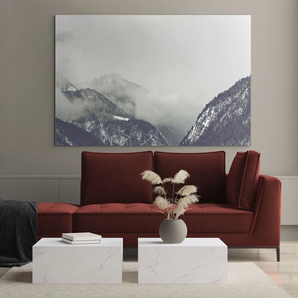 Billede på glas - En bjergdal i tågen i grå nuancer - 70x50cm - Tåget dal - Moderne vægdekoration til stue og soveværelse ARTTOR