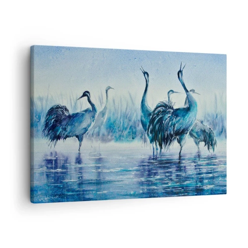 Lærredstryk - Billede på lærred - Traner mod en baggrund af tåge og vand i blå toner - 70x50cm - Morgenmøde - Moderne vægdekoration til stue og soveværelse ARTTOR