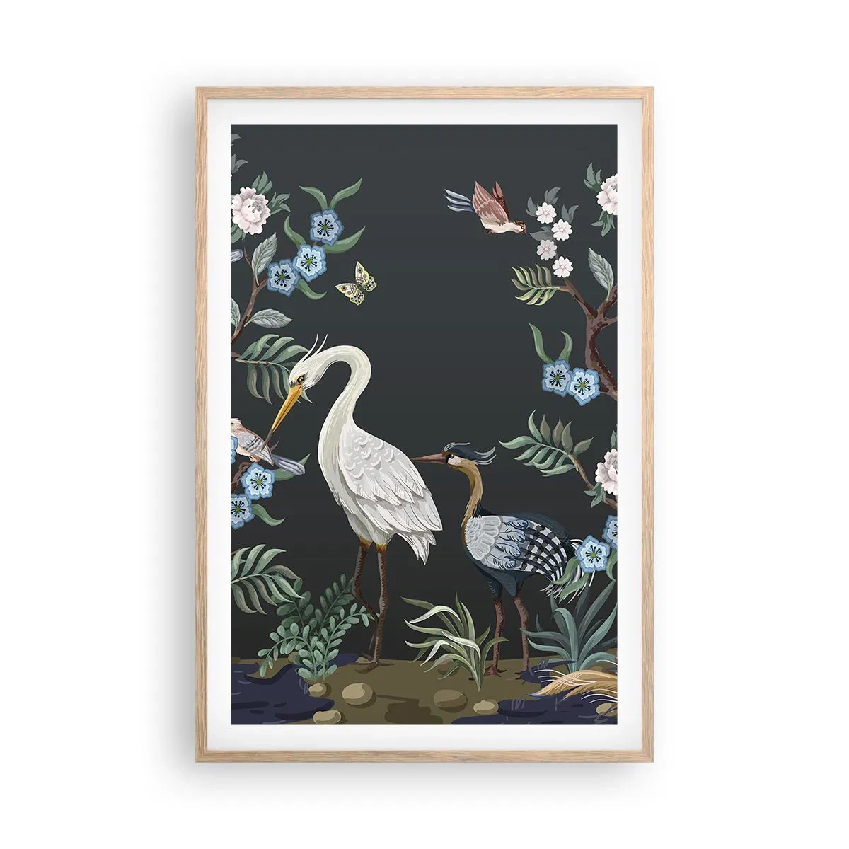 Plakat i ramme af lyst egetræ - Fugleparade - 61x91 cm