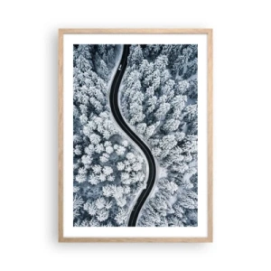 Plakat i ramme af lyst egetræ - Gennem en vinterskov - 50x70 cm