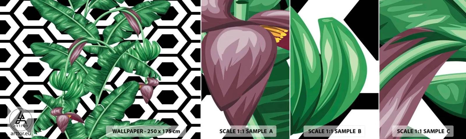 Prøve Fototapet Selvklæbende Deluxe Sticker - Symmetrisk komposition fra naturen - Abstraktion, Blad, Blomst - 100x30 cm