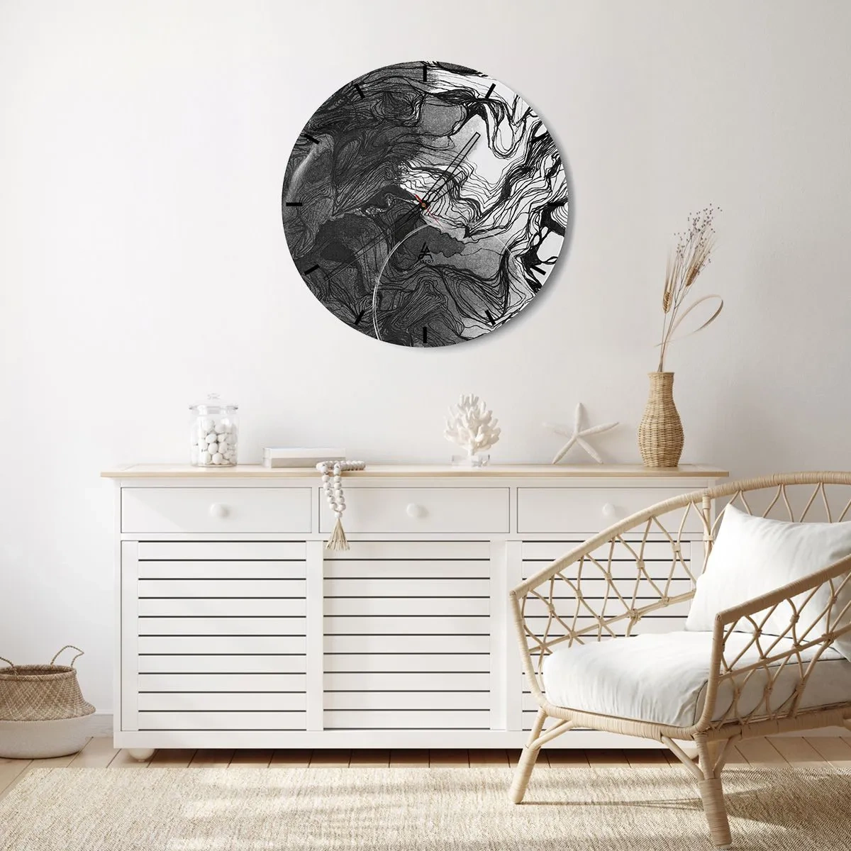 Vægur, Uret - Sort-hvid abstraktion med flydende linjer og tekstur - 30x30cm - Forviklet i drømme - Moderne vægdekoration til stue, køkken og soveværelse ARTTOR