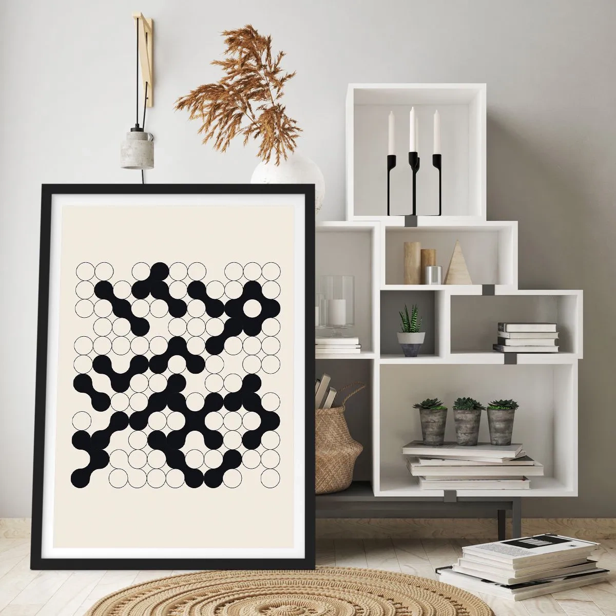 Plakat i sort ramme - Geometrisk sammensætning af sorte og hvide cirkler - 50x70cm - Kinesisk spil - variation - Moderne vægdekoration til stue og soveværelse ARTTOR