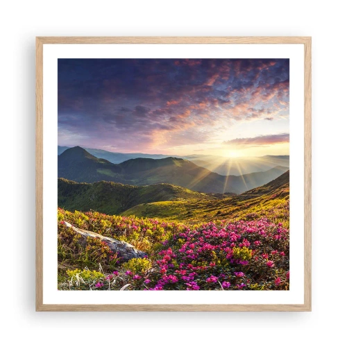 Plakat i ramme af lyst egetræ - Friskheden af en morgen i bjergene - 60x60 cm
