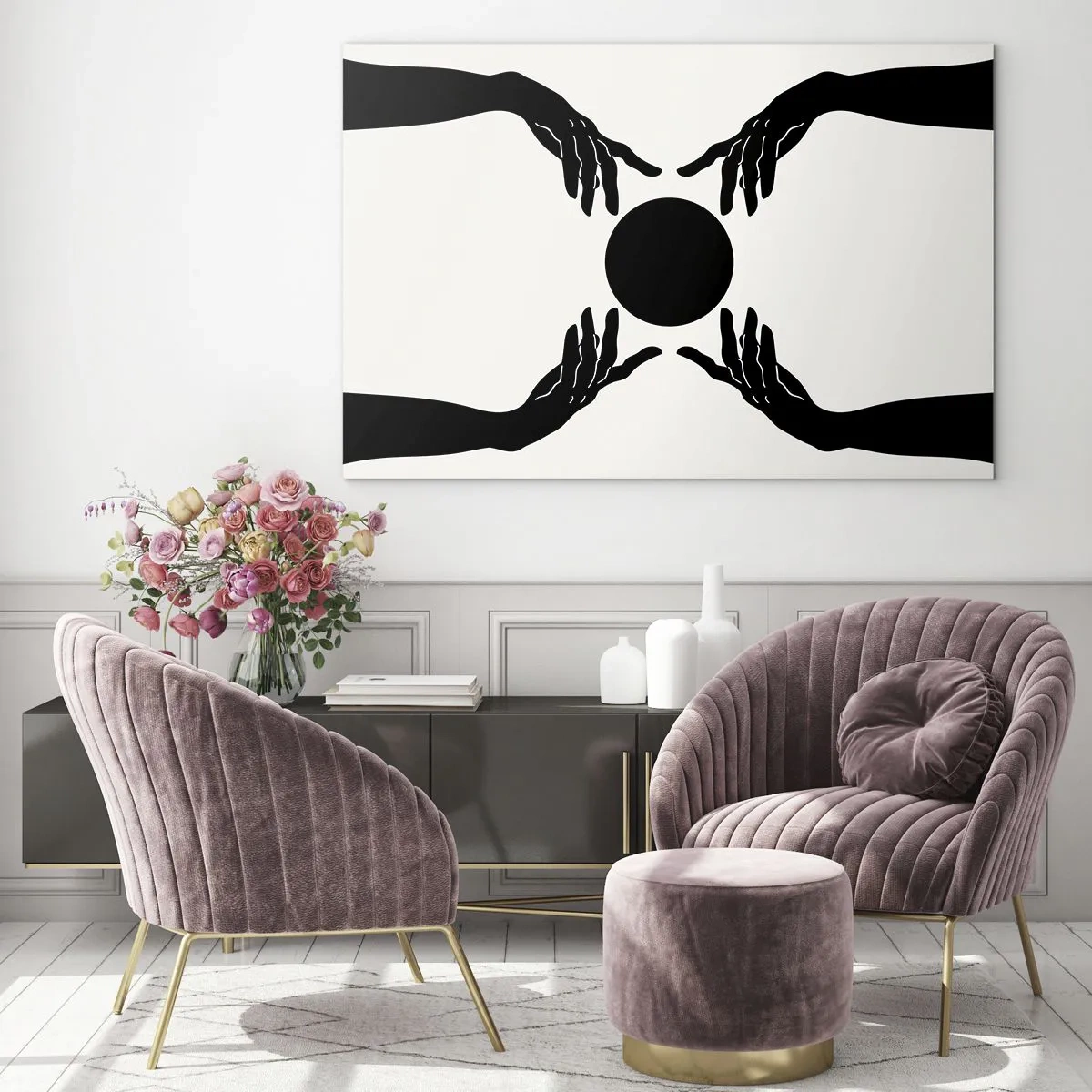 Billede på glas - Sorte hænder omkring en sort cirkel på en lys baggrund - 70x50cm - Et hemmeligt tegn - Moderne vægdekoration til stue og soveværelse ARTTOR